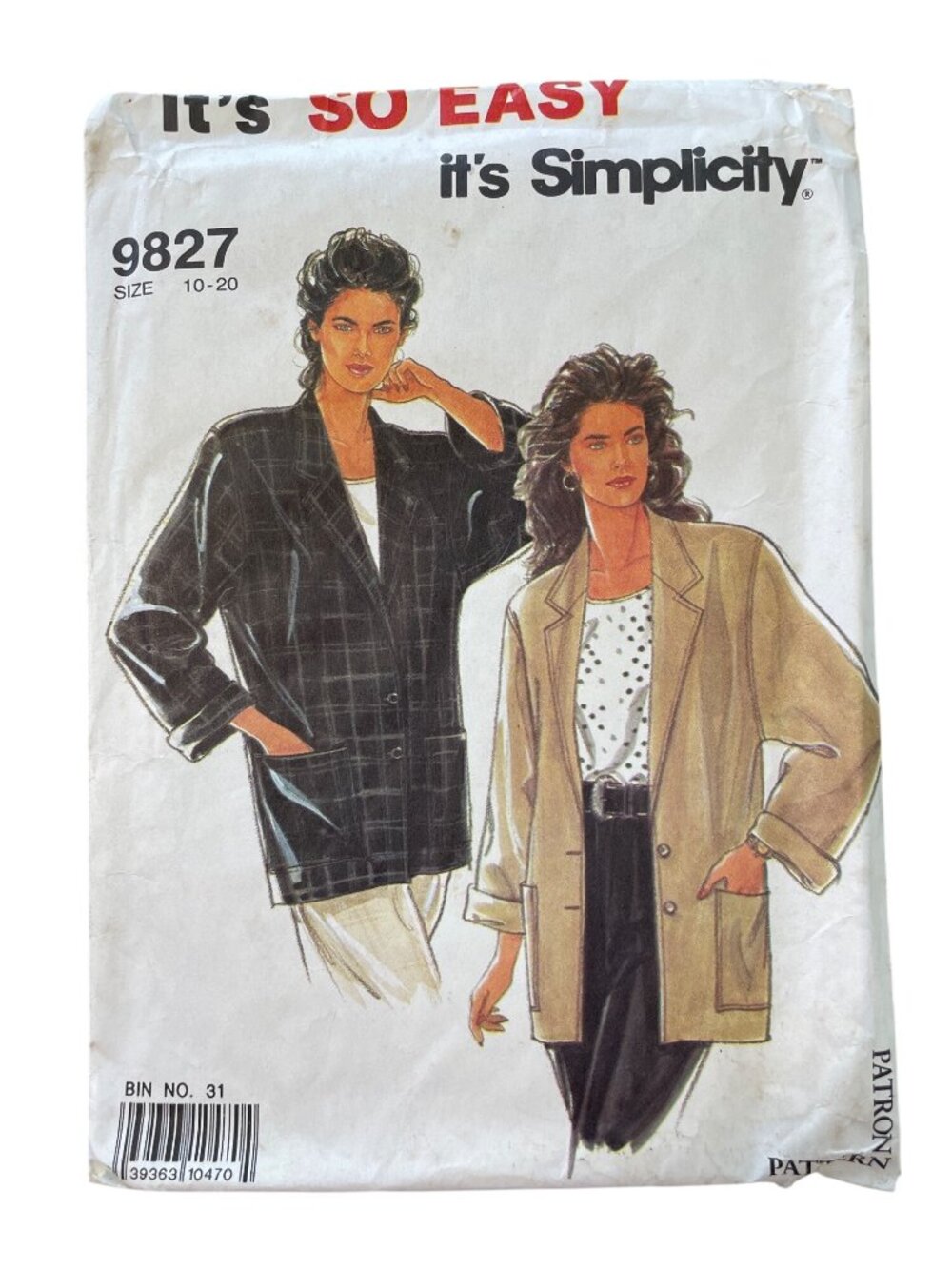 Vintage 90s Simplicity 9827 Sewing Pattern Sizes 10-20 Unlined Jacket Retro UNCU